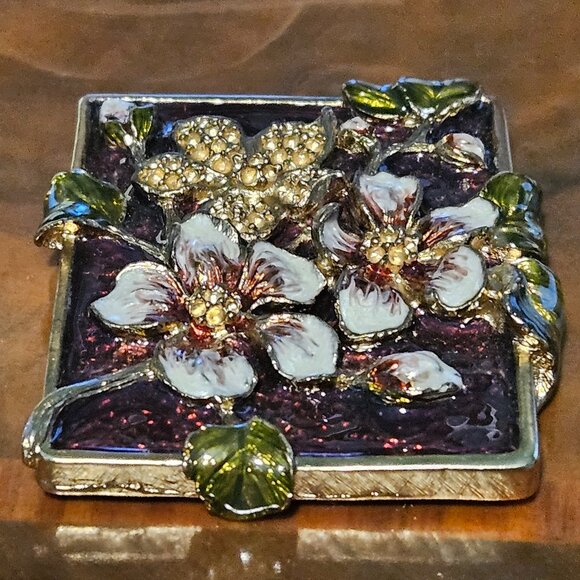 RARE JAY STRONGWATER MAROON DOGWOOD FLOWER VANITY MAKEUP ENAMEL MIRROR - Picture 7 of 12